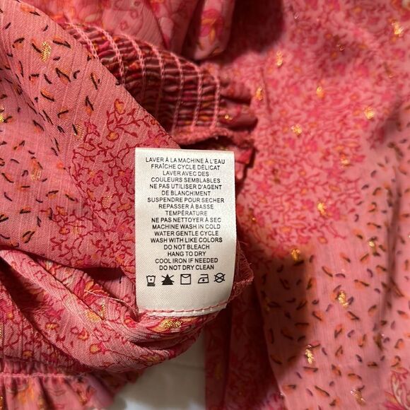 joie S Mock Neck Tie Front Long Balloon Sleeve Pink Gold Metallic Blouse - Picture 12 of 12